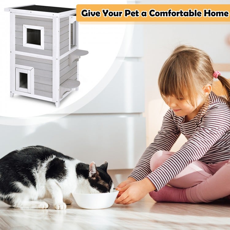 2-story wooden cat house with escape door, made of firwood, rainproof design, ideal for 1-2 cats and easy to clean.