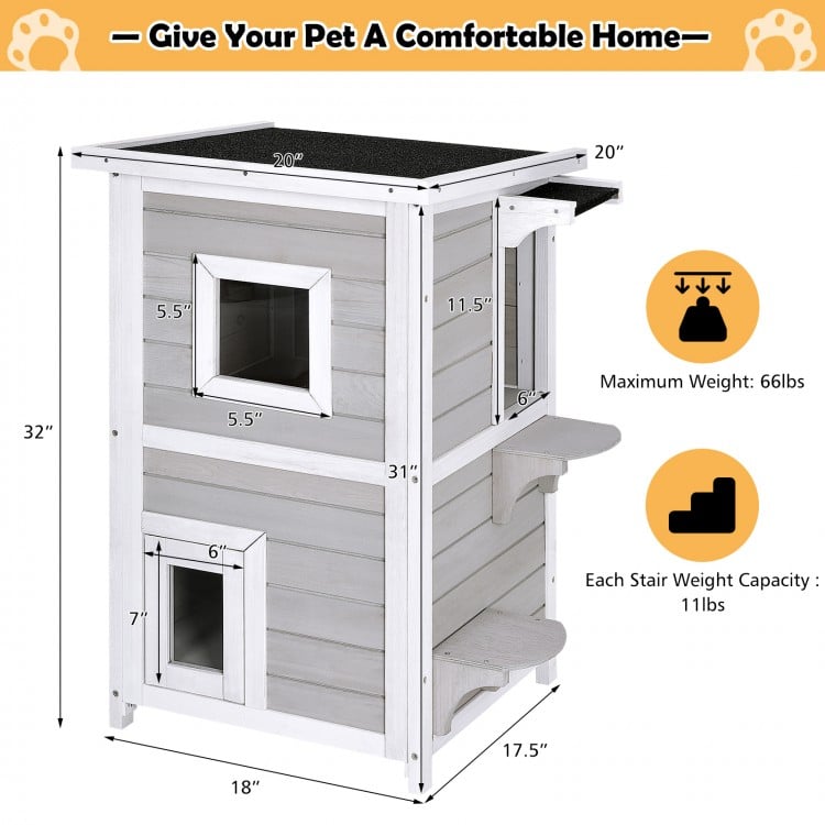 2-story wooden cat house with escape door, made of firwood and plywood, rainproof design for indoor and outdoor use.