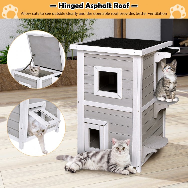 2-story wooden cat house with escape door, made of firwood and plywood, featuring an asphalt roof for rain protection.