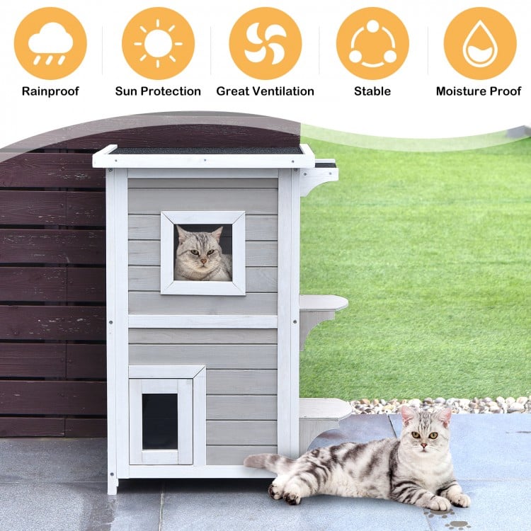 2-story wooden cat house with escape door, made of firwood, rainproof, ideal for 1-2 cats, suitable for indoor and.