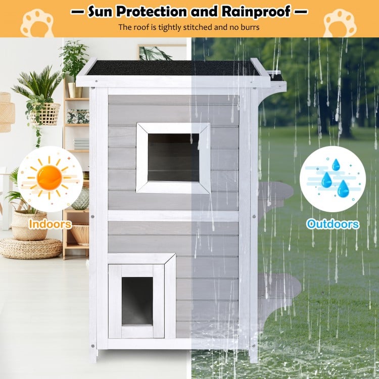 2-story wooden cat house with escape door, made of firwood, rainproof asphalt roof, ideal for indoor and outdoor use.