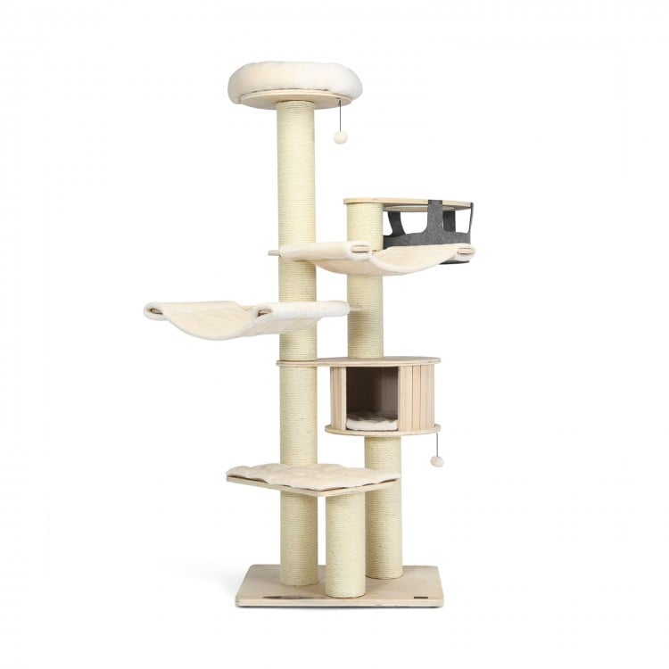 Cream white cat tree condo with a cozy hideaway and sturdy sisal posts, designed for playful and restful feline.