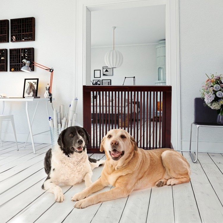 Folding adjustable 3 panel wood fence in cherry finish, perfect for doorways and hallways, with tapered sides for.
