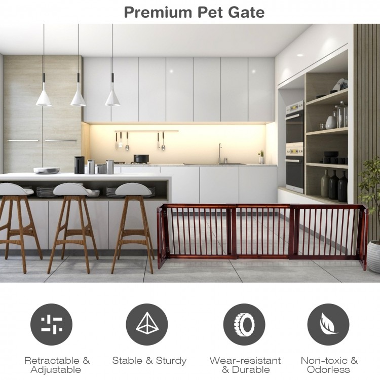 Folding adjustable 3-panel wood pet gate in cherry finish, fits spaces 28-80 inches, ideal for doorways and hallways.