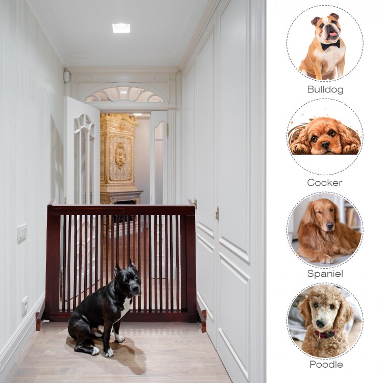 Folding adjustable 3-panel wood fence in cherry finish, perfect for doorways and hallways, featuring retractable feet.