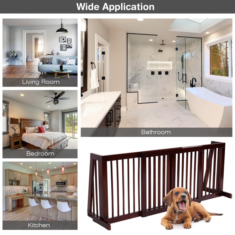 Folding adjustable 3-panel wood fence in cherry finish, designed for easy storage and lightweight portability, perfect.