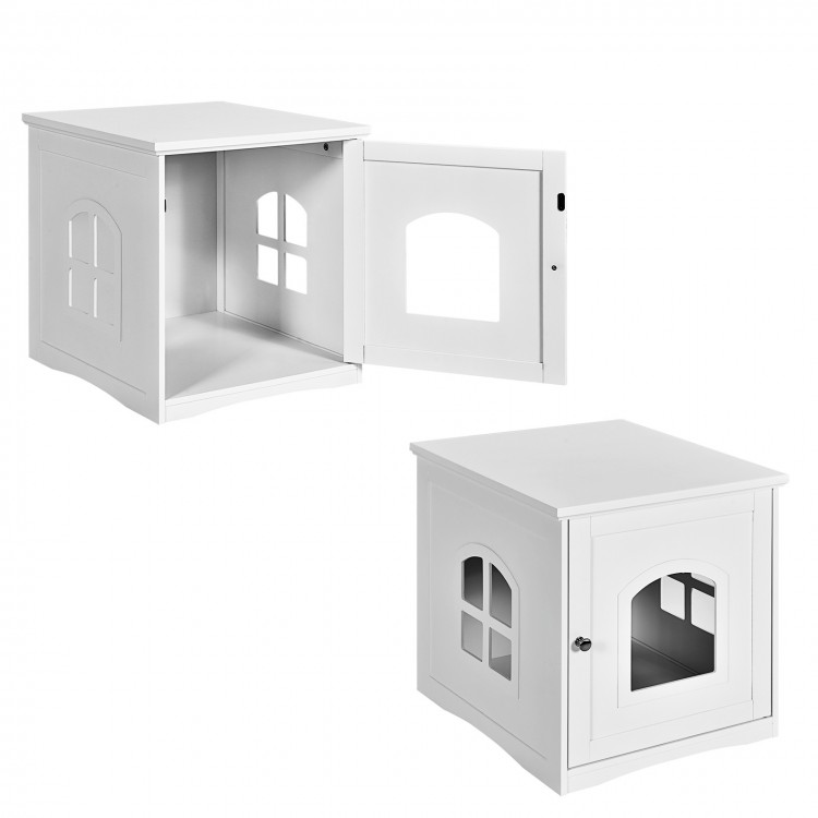 White side table nightstand with cat house feature, featuring a magnetic door and cross windows for ventilation.
