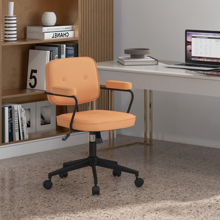 Orange PU leather office chair with ergonomic armrests and adjustable height, perfect for home or office use.