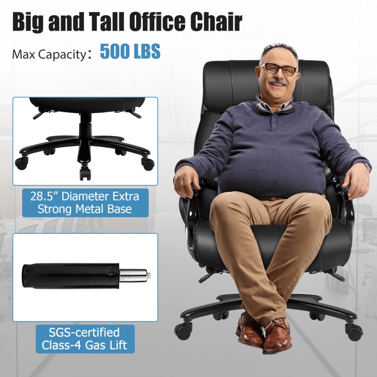 Big and tall office chair in black PU leather with 6 massage points, adjustable height, and sturdy base for 400 lbs.