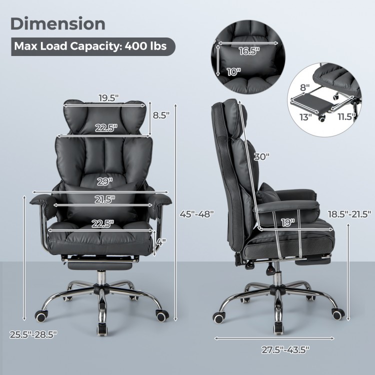 Dimension chart of the Big and Tall Executive Office Desk Chair in black, showing adjustable height and weight capacity.