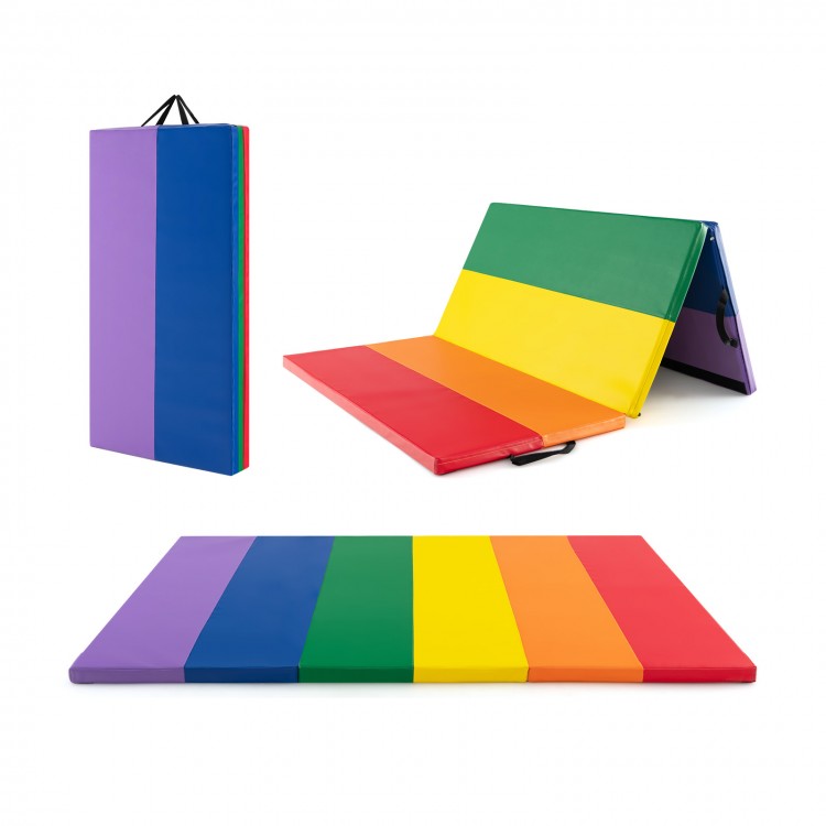 Tri-folding PU leather gymnastics tumbling mat in rainbow colors, featuring durable foam padding and carrying handles.