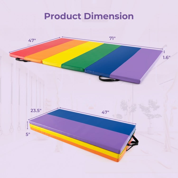 Tri-folding PU leather gymnastics tumbling mat with colorful stripes, measuring 71" x 47" x 1.6", ideal for kids.