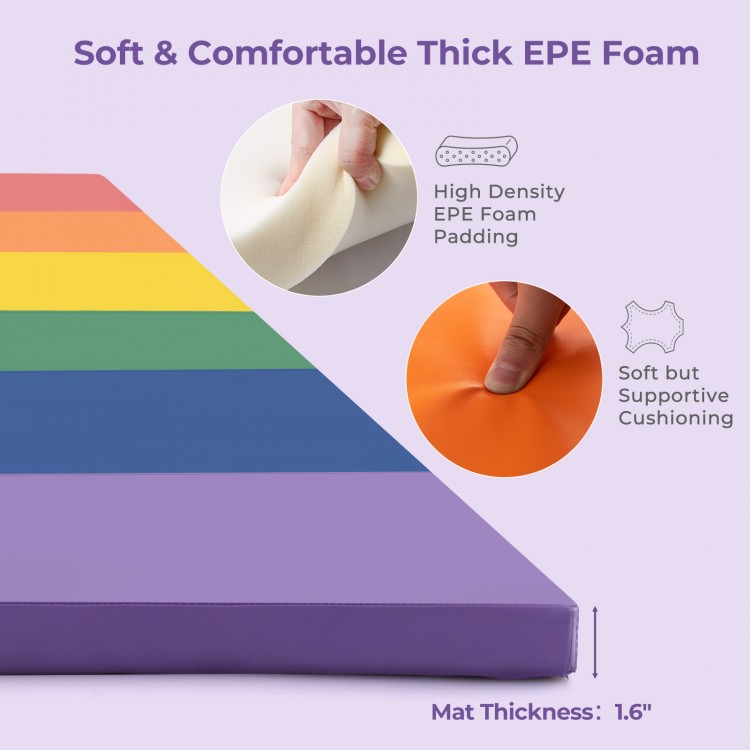 Thick EPE foam tri-folding gymnastics mat in vibrant colors, ideal for kids' yoga and tumbling, with reinforced handles.