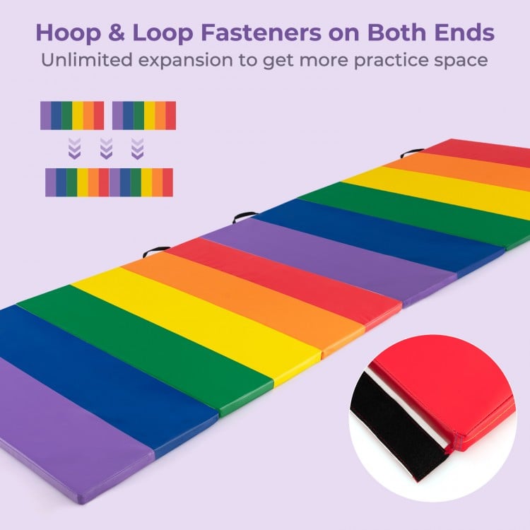 Colorful PU leather tri-folding gymnastics tumbling mat with hook and loop fasteners, ideal for kids' exercise and.