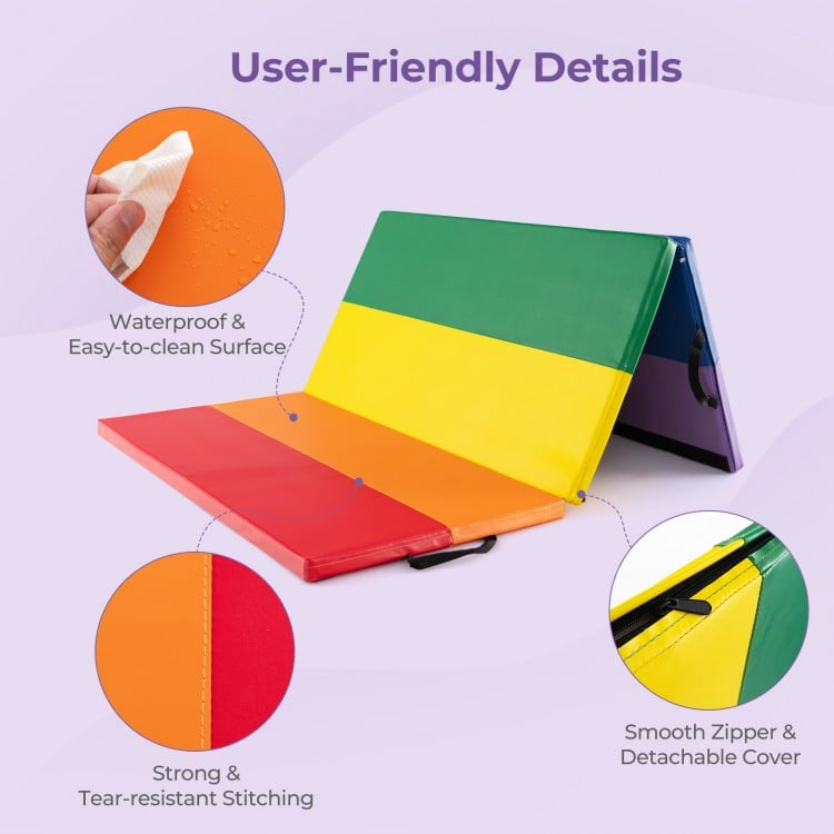 Colorful tri-folding gymnastics tumbling mat with waterproof PU leather, strong stitching, and carrying handles for.