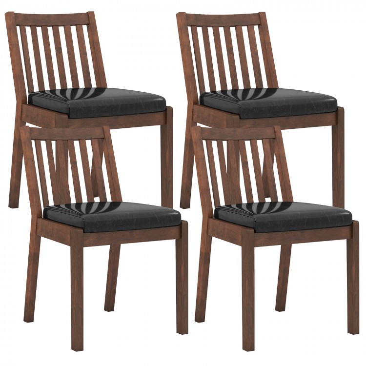 Set of 4 PU leather upholstered dining chairs in espresso with padded seats and ergonomic slanted backrests for comfort.
