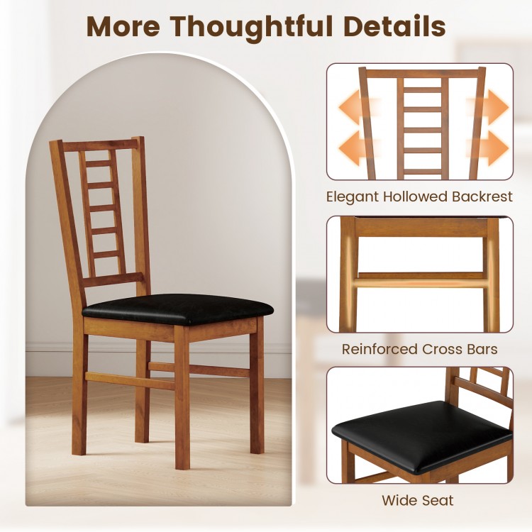 Wood dining chair with PU leather seat, high backrest, and reinforced crossbars for stability, ideal for dining rooms.