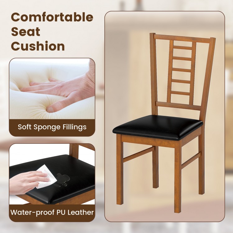 Wood dining chair with high backrest and soft PU leather seat, ideal for kitchen or dining room use.