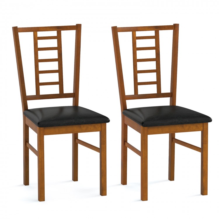 Set of 2 walnut wood dining chairs with PU leather upholstery and high backrest, ideal for kitchen or dining room use.