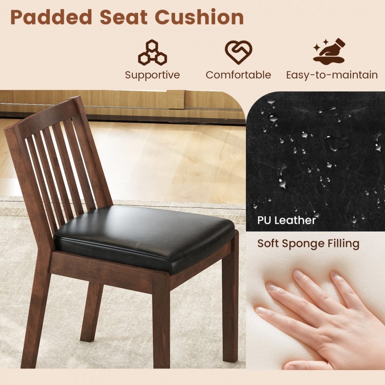 Espresso PU leather dining chair with padded seat cushion and ergonomic slanted backrest for kitchen or restaurant use.