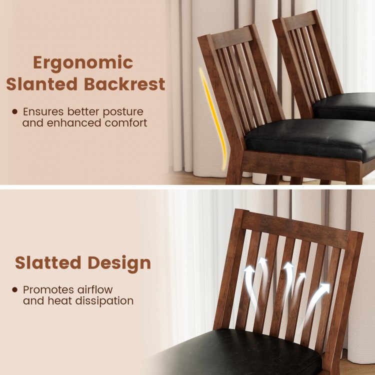 PU leather dining chair set of 2 in espresso with ergonomic slanted backrest and slatted design for airflow.