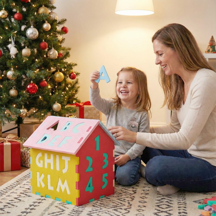 Colorful interlocking puzzle floor mats featuring letters and numbers, perfect for kids' creative play in any room.