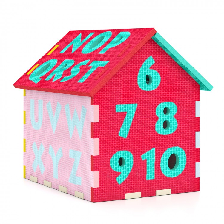 Colorful puzzle floor mat playhouse featuring interlocking alphabet and numbers, ideal for kids' creative play and.