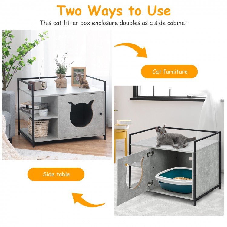 Hidden litter box enclosure and side table in gray, featuring a spacious tabletop and 2-tier storage for cat supplies.