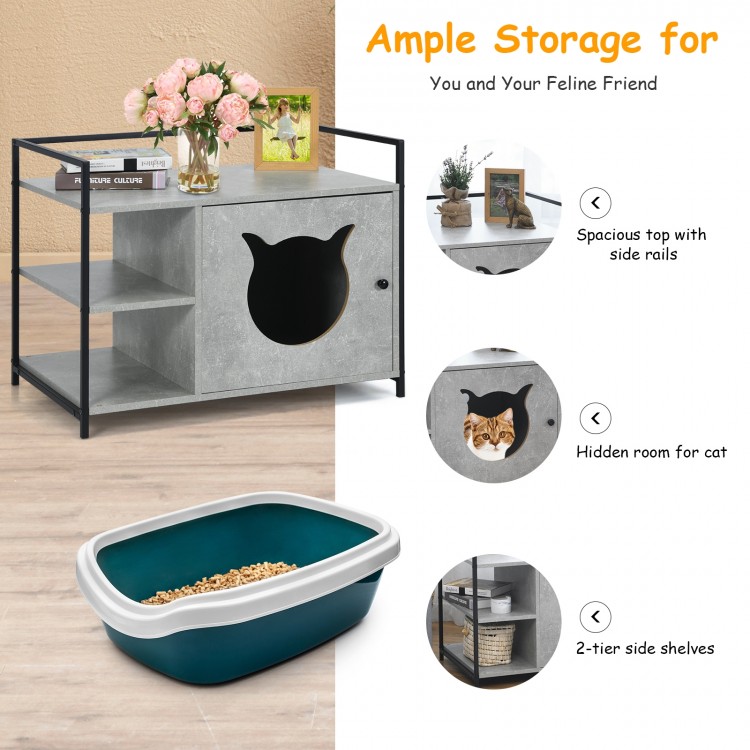 Hidden litter box enclosure in gray with 2-tier storage shelf and spacious tabletop for cat supplies and decor.