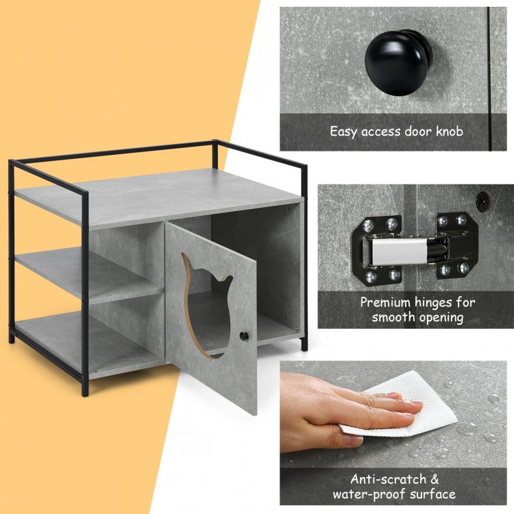 Gray hidden litter furniture cabinet with 2-tier storage shelf and anti-scratch surface, perfect for cat supplies and.
