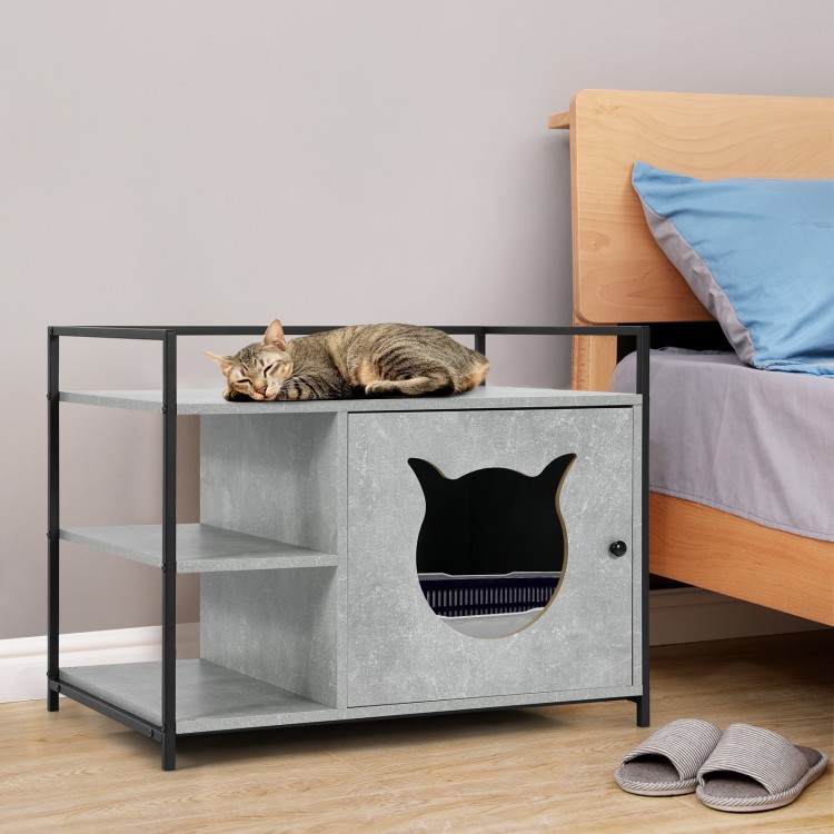 Gray hidden litter box enclosure with 2-tier storage shelf, perfect as a side table for cat supplies and decor.