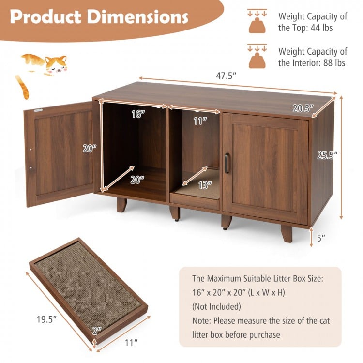 Detailed dimension chart of the brown 2-door cat litter box enclosure, showing measurements for optimal space planning.