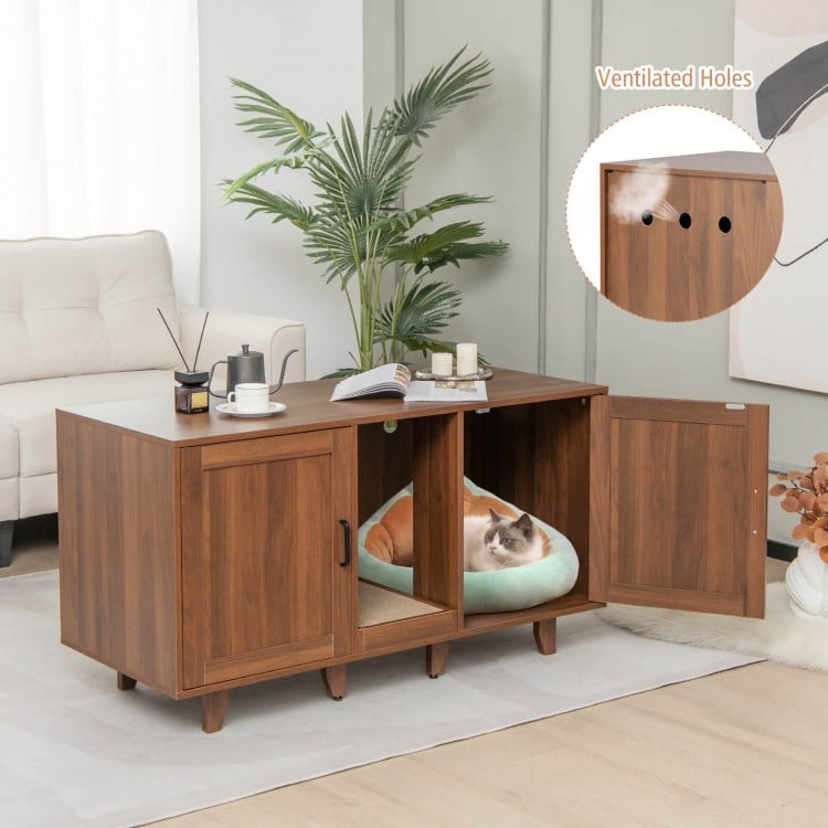 2-door cat litter box enclosure in brown with winding entry, scratching board, and ventilated holes for odor control.