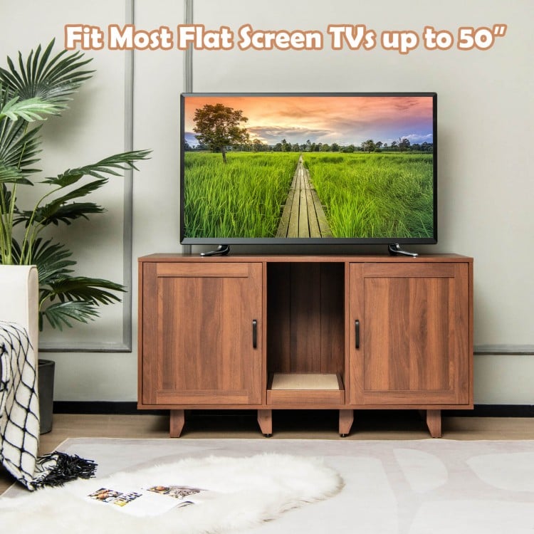2-door cat litter box enclosure in brown, designed for TVs up to 50”, featuring a winding entry and scratching board.