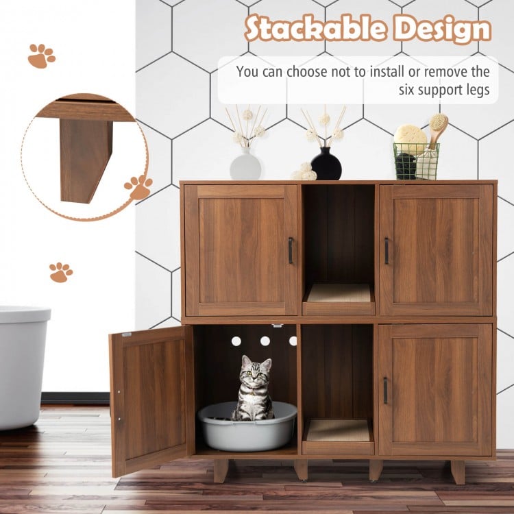 2-door cat litter box enclosure in brown with winding entry, scratching board, and spacious tabletop for versatile use.
