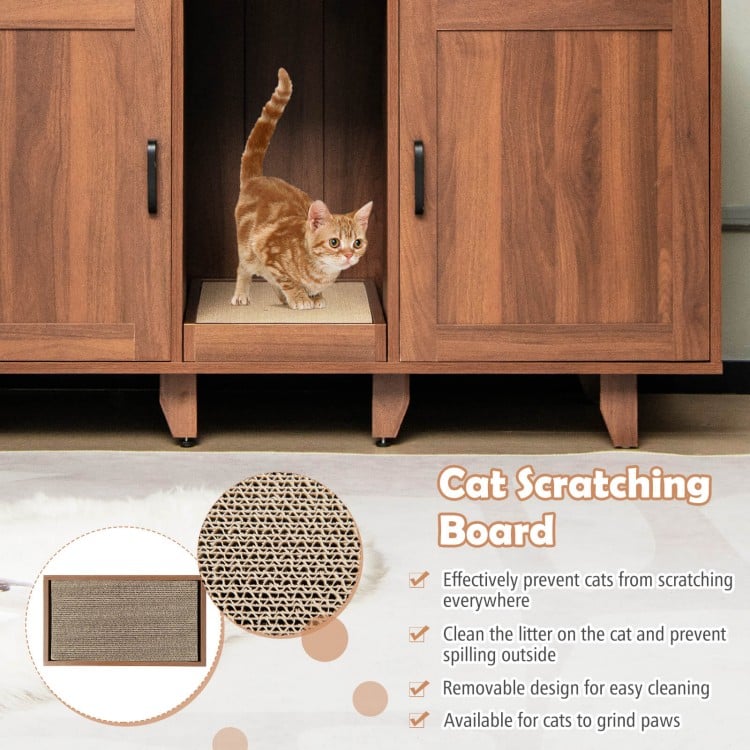 Cat scratching board inside a brown 2-door litter box enclosure, designed for easy cleaning and cat comfort.