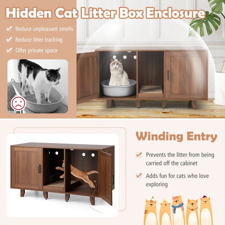Brown 2-door cat litter box enclosure featuring a winding entry and multiple ventilated holes for fresh air and odor.