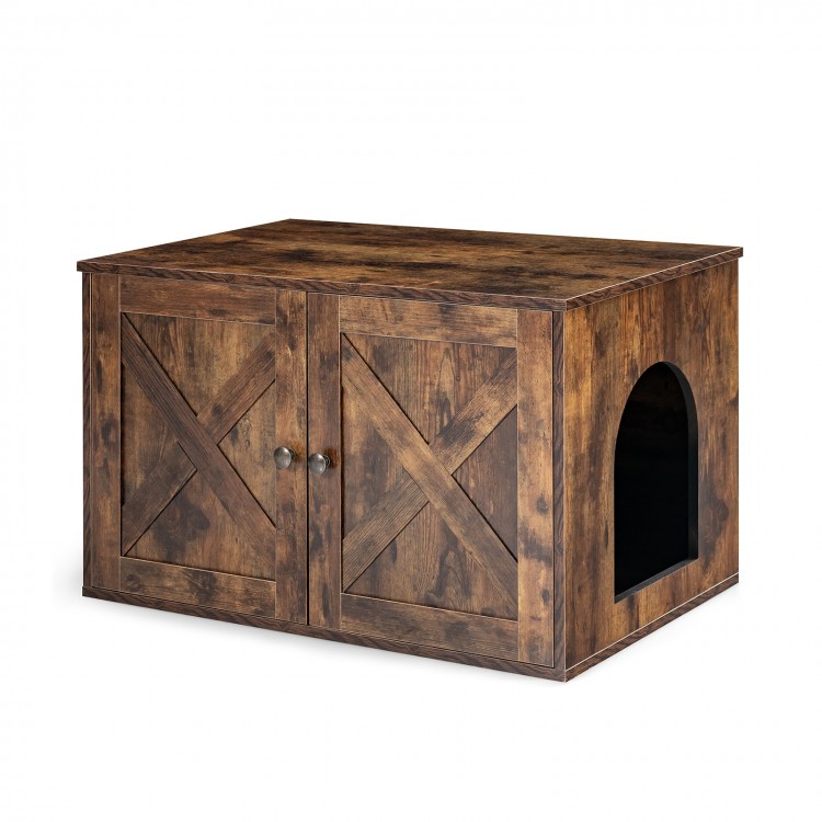Wooden hidden cabinet cat furniture with barn door design, featuring a spacious top and roomy interior for litter box.