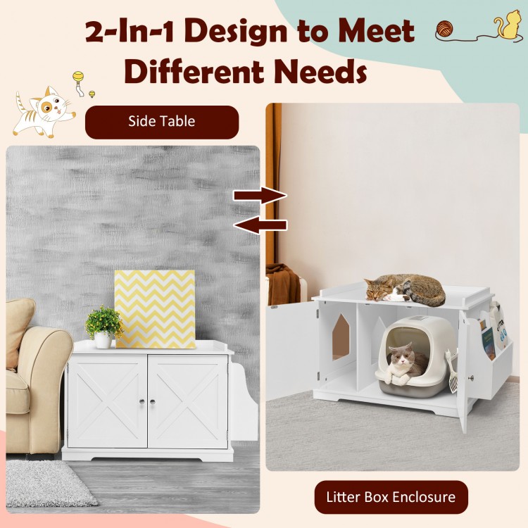 Large wooden cat litter box enclosure in white with storage rack, providing privacy and organization for cat supplies.