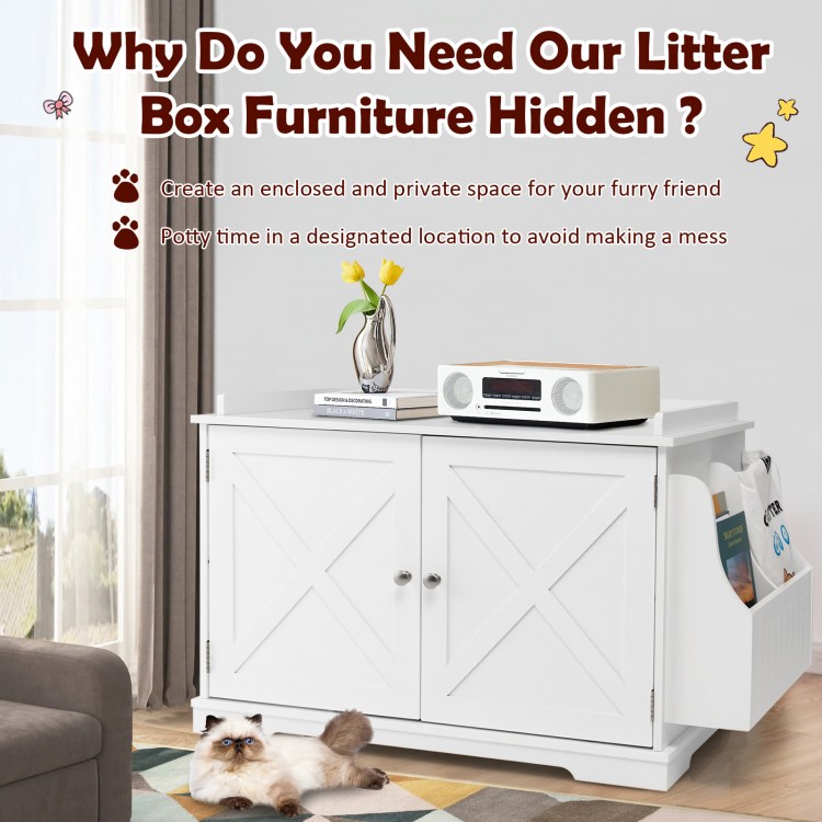 Large wooden cat litter box enclosure in white with storage rack, providing privacy and organization for your cat's.