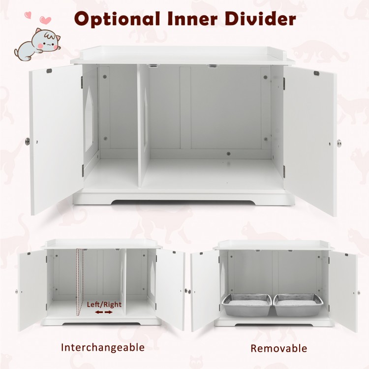 Large white wooden cat litter box enclosure with removable divider, ideal for storage and maintaining a tidy space.