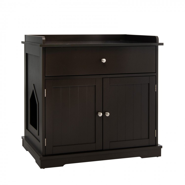 Brown wooden cat litter box enclosure with cat-size hole and drawer, blending function and style for a modern living.