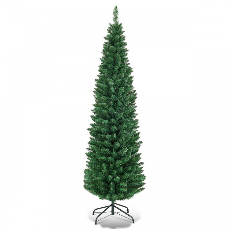 Slim pencil design 5' PVC artificial Christmas tree with dense needles and sturdy iron base, ideal for small spaces.