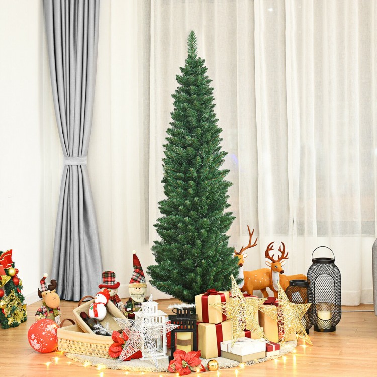 Slim pencil design 5' PVC artificial Christmas tree with dense needles, perfect for small spaces and holiday decor.