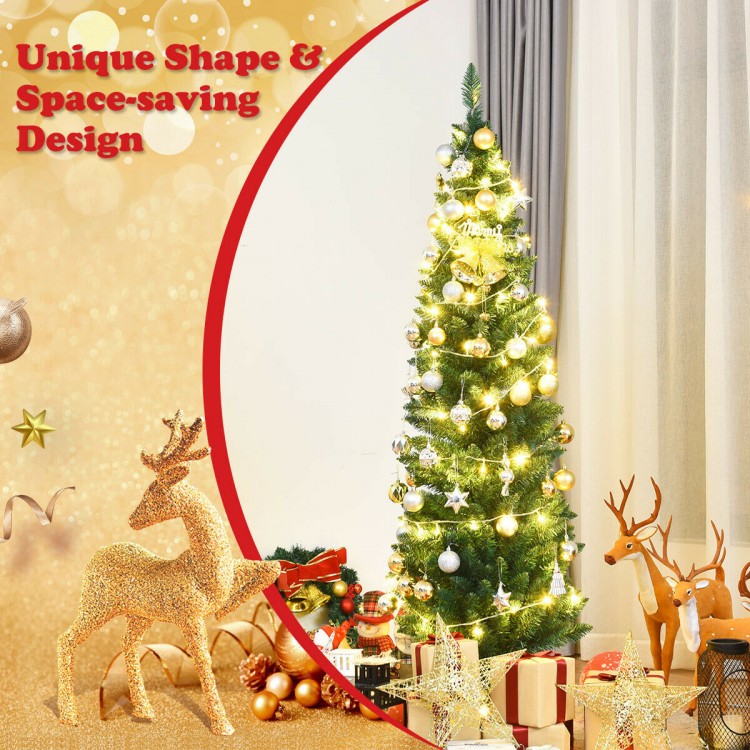 Slim 5' PVC artificial pencil Christmas tree with lights, perfect for small spaces and festive holiday decor.