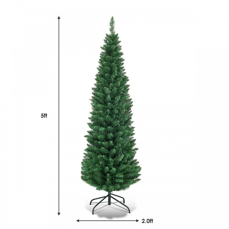 5ft PVC artificial slim pencil Christmas tree with a sturdy iron base, perfect for small spaces and holiday decor.