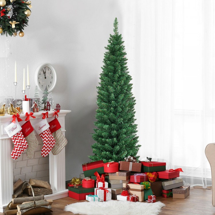 Slim pencil design 5' PVC artificial Christmas tree with gifts, perfect for small spaces and holiday decor.