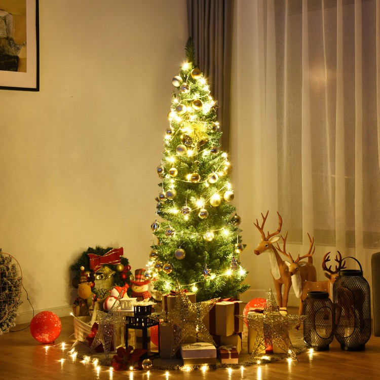 Slim pencil design 5' PVC artificial Christmas tree with lights, surrounded by gifts for festive holiday decor.