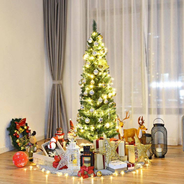 Slim pencil design 5' PVC artificial Christmas tree with lights, surrounded by festive decorations and gifts for.