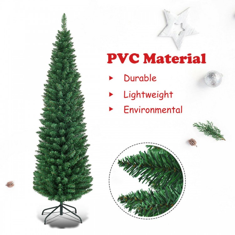 Slim 5' PVC artificial Christmas tree with dense needles and sturdy iron base, perfect for small spaces and holiday.